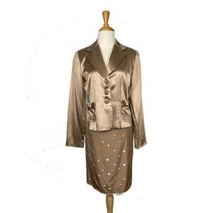 Isabel & Nina Size 8 Tan Skirt Suit Satin Silk Embroidered Polka Dot Church Y2K